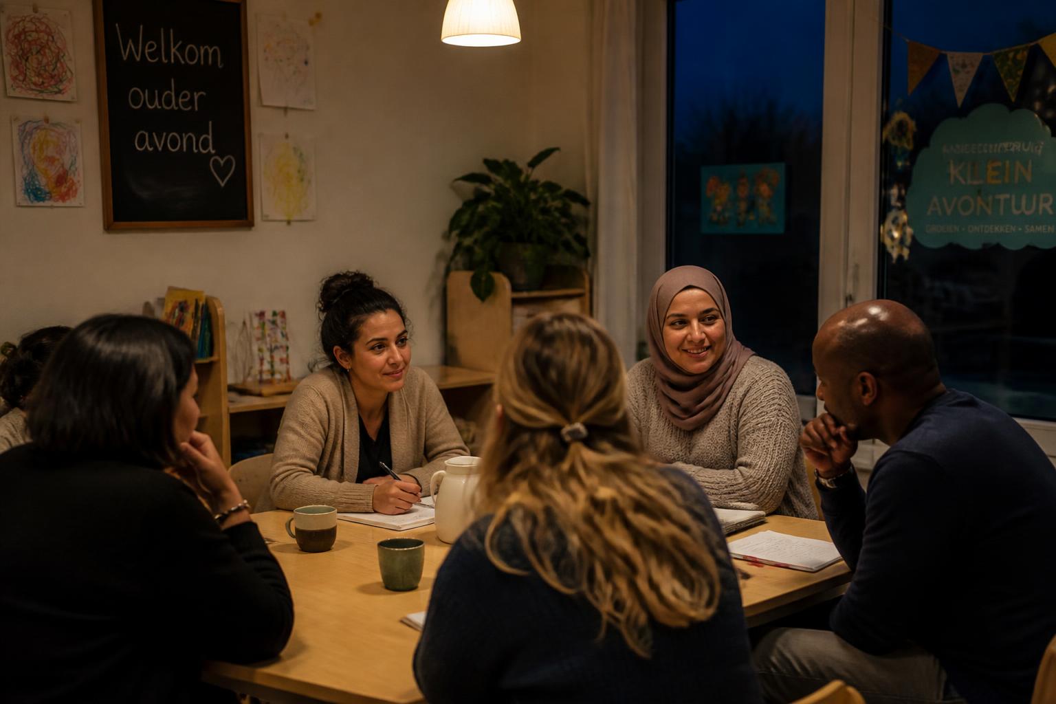 Ouders in gesprek tijdens een avondbijeenkomst van de oudercommissie