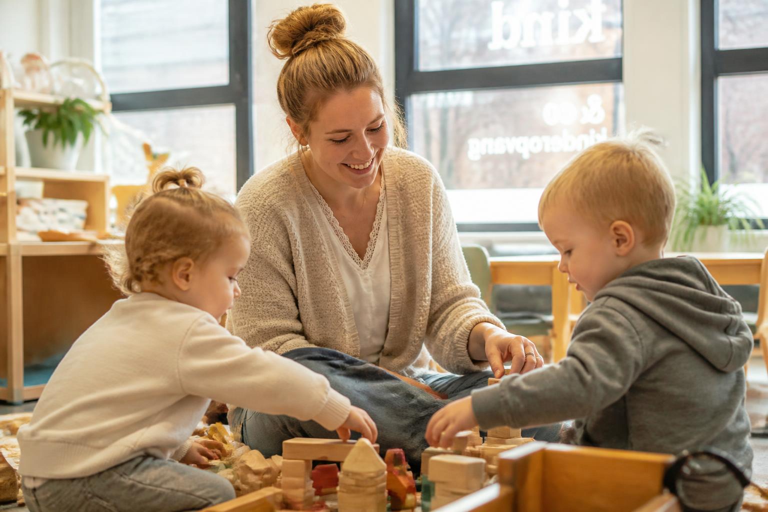 Peuters spelen samen met houten blokken terwijl een pedagogisch medewerker meekijkt