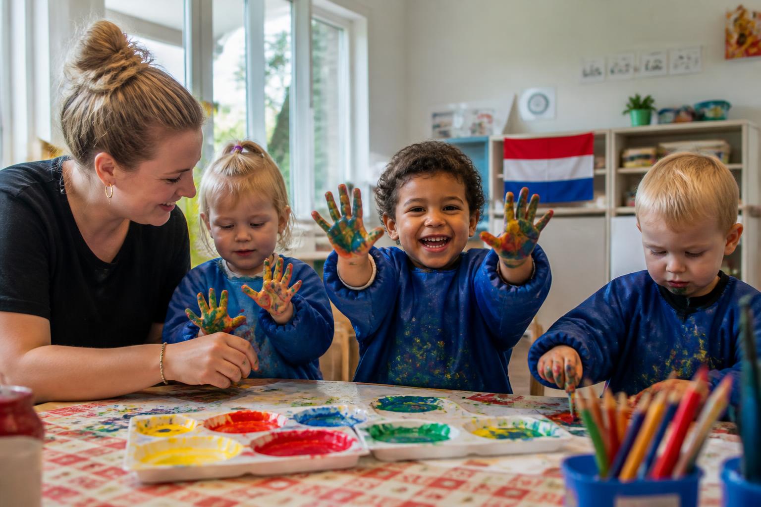 Peuters knutselen en verven aan tafel, met verf op hun handen