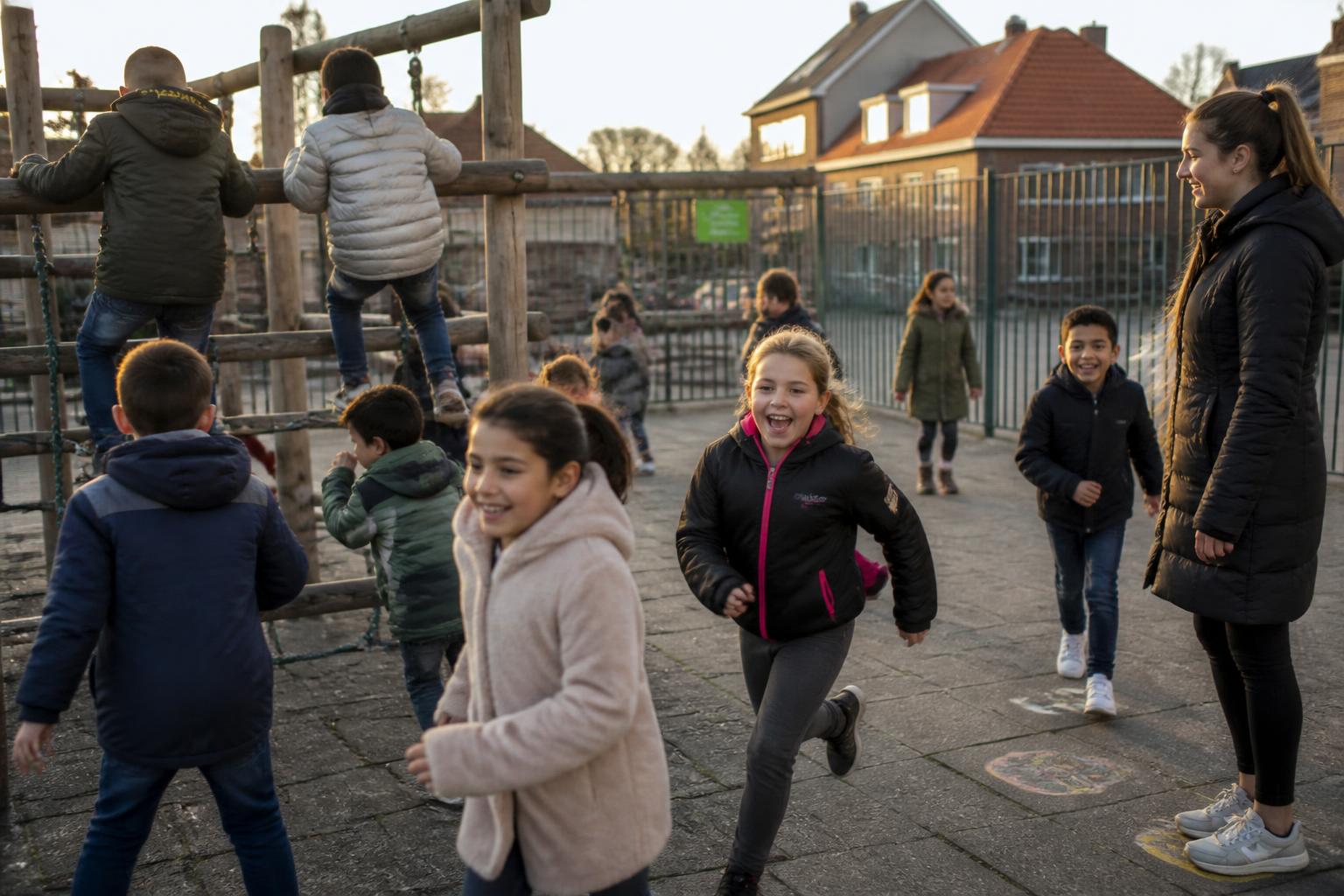 Schoolkinderen spelen buiten op het plein bij de buitenschoolse opvang