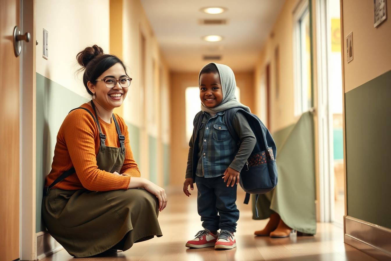 Pedagogisch medewerker verwelkomt een jongen met zijn moeder in de hal