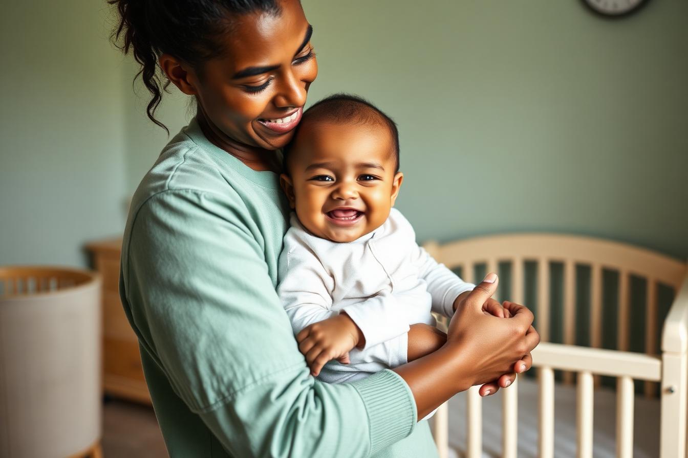 Pedagogisch medewerker houdt een lachende baby in de babygroep