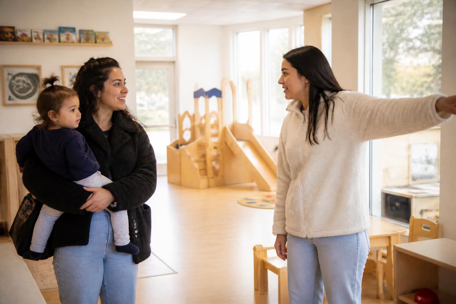 Een moeder met haar peuter op de arm krijgt een rondleiding door de speelzaal van het kinderdagverblijf